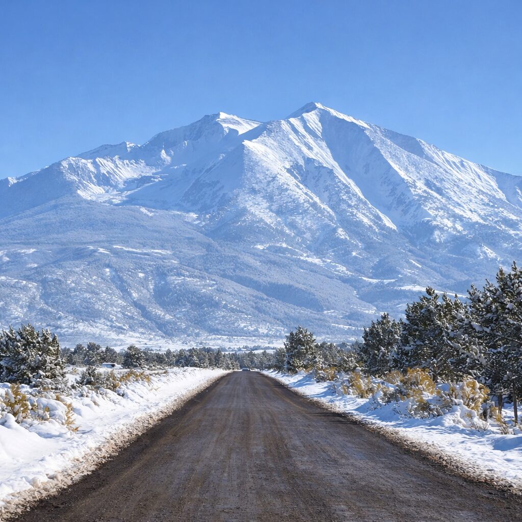 Snow covered Mt. Sopris with a dirt road in foreground