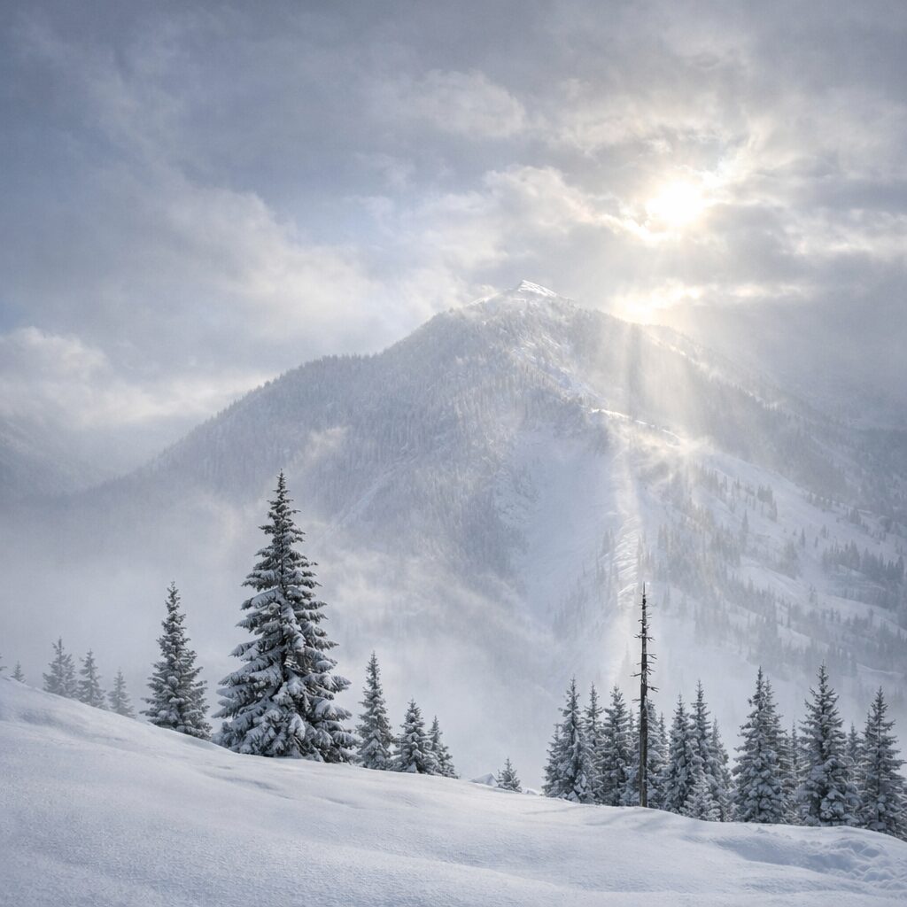 Sun breaking through clouds on the mountain