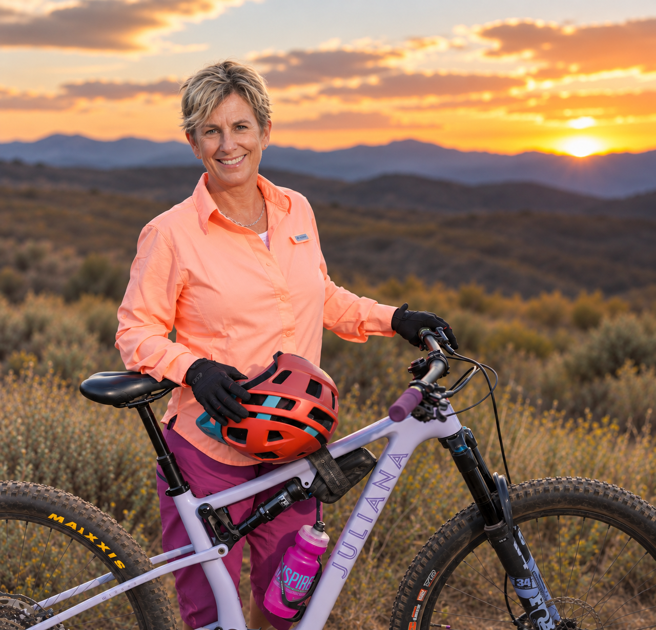 Woman mountain biking on a Prince Creek trail at sunset